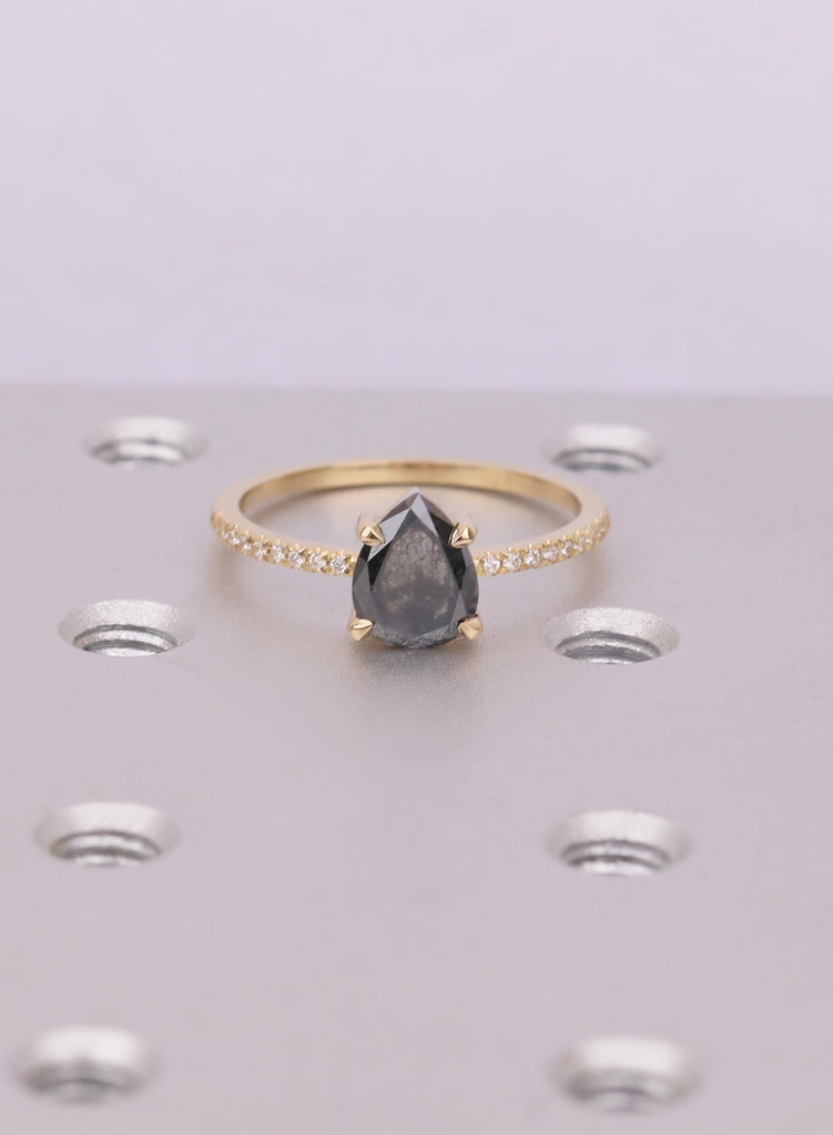 Pear Cut Salt and Pepper Diamond Ring, 18K Yellow Gold, Talon Prong Setting, Alternative Engagement Ring image #3