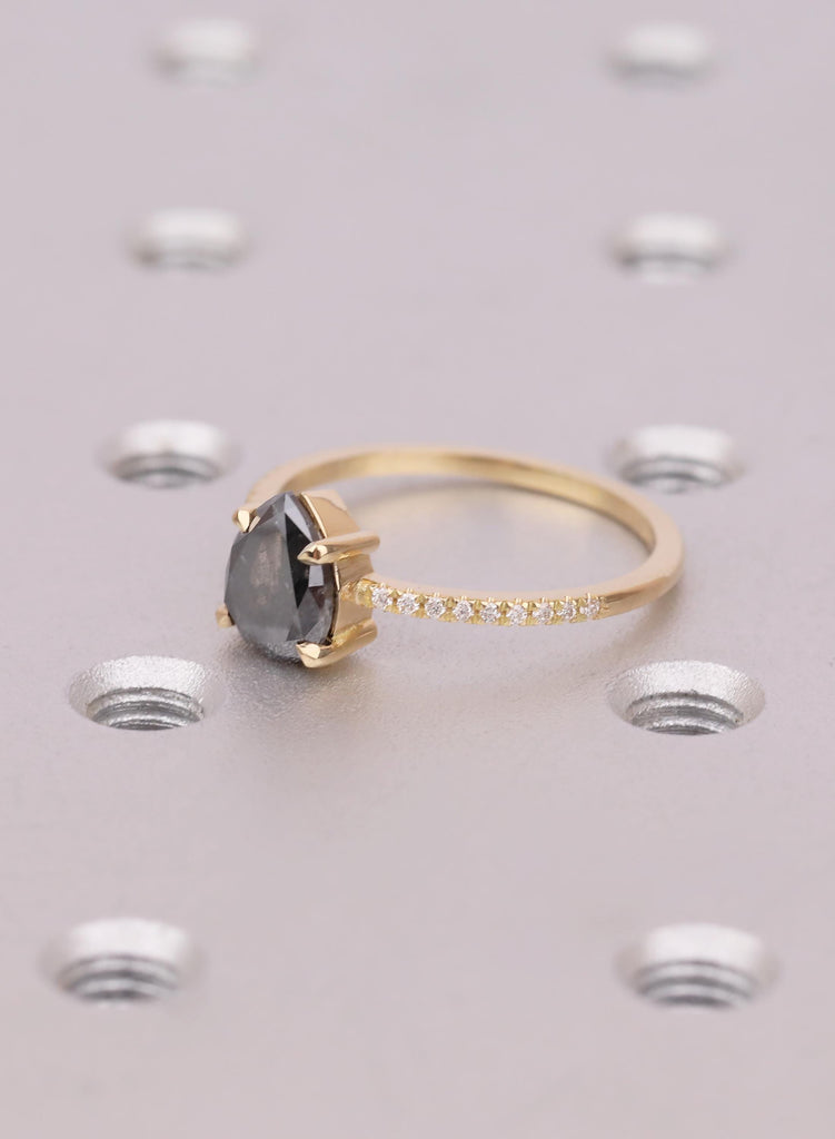 Salt and Pepper Diamond Engagement Ring, Unique Promise Ring for Her, 18k Gold Ring, Alternative Engagement Ring, Vintage Pear Diamond Ring image #6