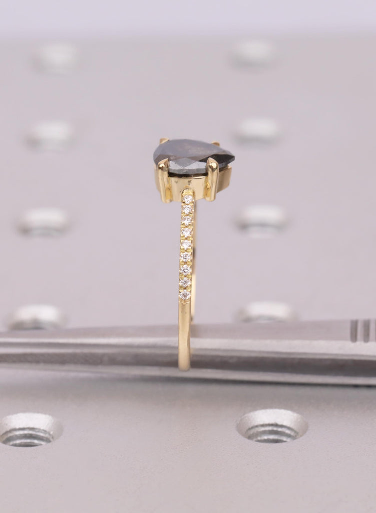 Pear Cut Salt and Pepper Diamond Ring, 18K Yellow Gold, Talon Prong Setting, Alternative Engagement Ring image #12