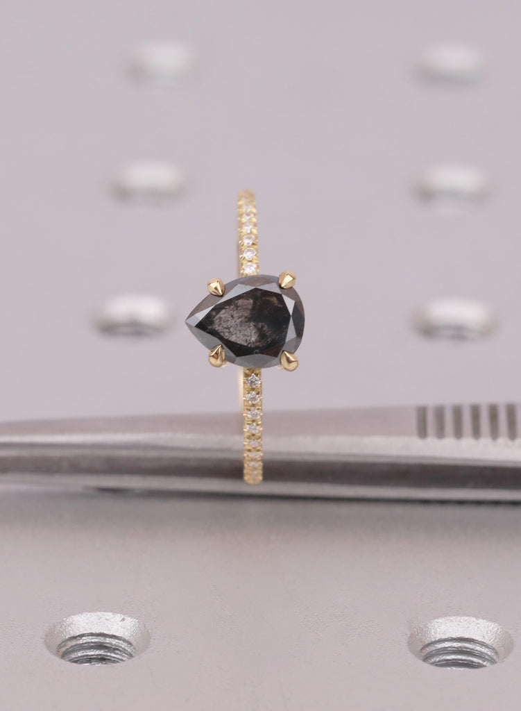Salt and Pepper Diamond Engagement Ring, Unique Promise Ring for Her, 18k Gold Ring, Alternative Engagement Ring, Vintage Pear Diamond Ring image #9