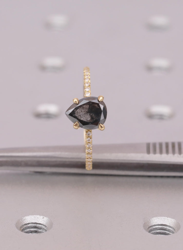 Pear Cut Salt and Pepper Diamond Ring, 18K Yellow Gold, Talon Prong Setting, Alternative Engagement Ring image #9