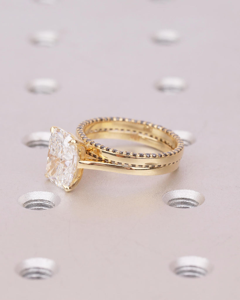 Black Diamond, Moissanite Engagement Ring Set, 18k Solid Gold Elongated Cushion Cut Ring image #1