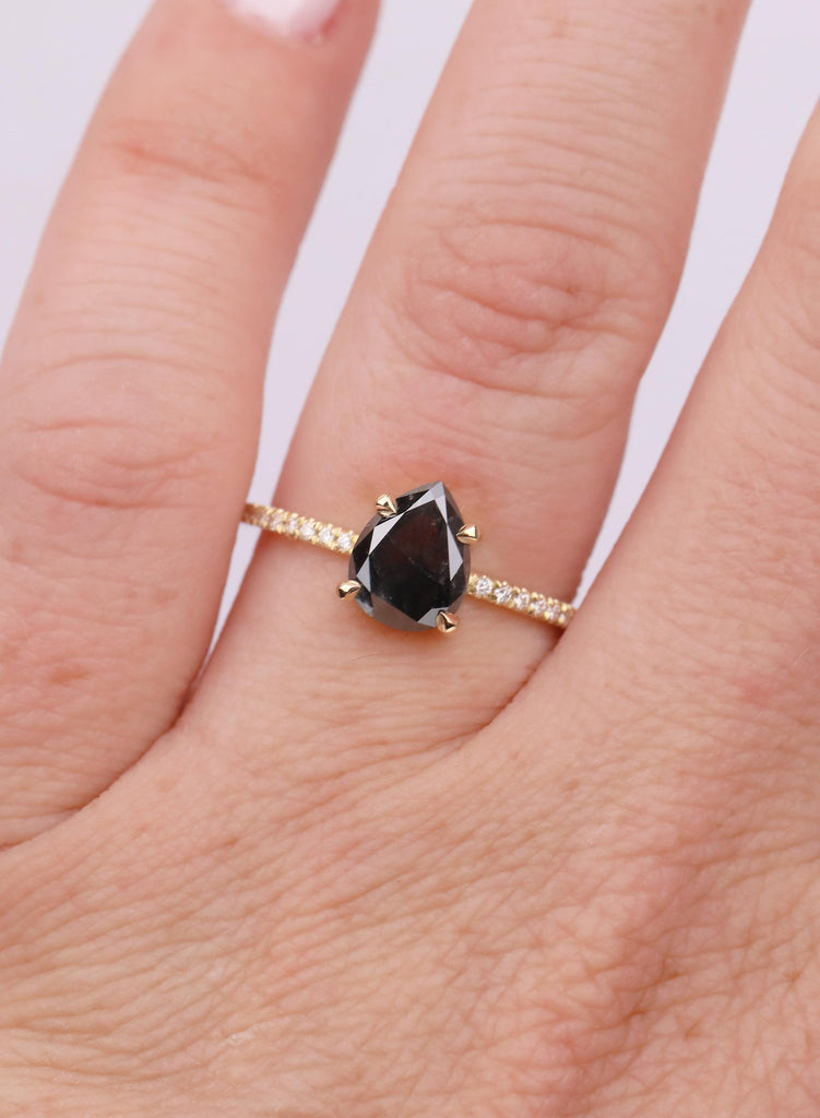 Pear Cut Salt and Pepper Diamond Ring, 18K Yellow Gold, Talon Prong Setting, Alternative Engagement Ring image #1