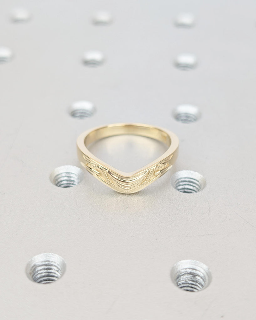 Curved Wedding Band Women, Vintage Inspired 14k Yellow Gold Filigree Ring, Milgrain Stackable Rings image #14
