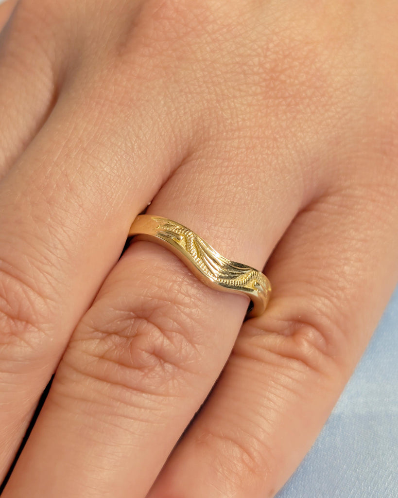 Curved Wedding Band Women, Vintage Inspired 14k Yellow Gold Filigree Ring, Milgrain Stackable Rings image #1