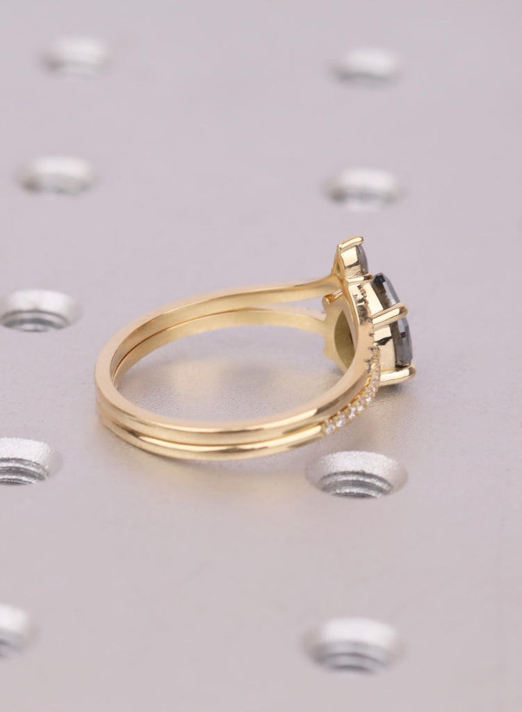 Raw Salt and Pepper Kite Diamond Ring Set, 18k Yellow Gold, Moissanite Accents, Crown Style Matching Band image #6