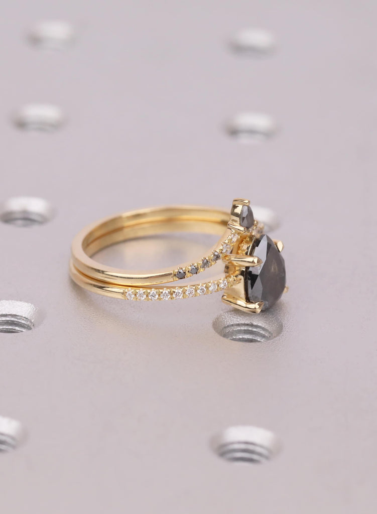 Raw Salt and Pepper Kite Diamond Ring Set, 18k Yellow Gold, Moissanite Accents, Crown Style Matching Band image #5