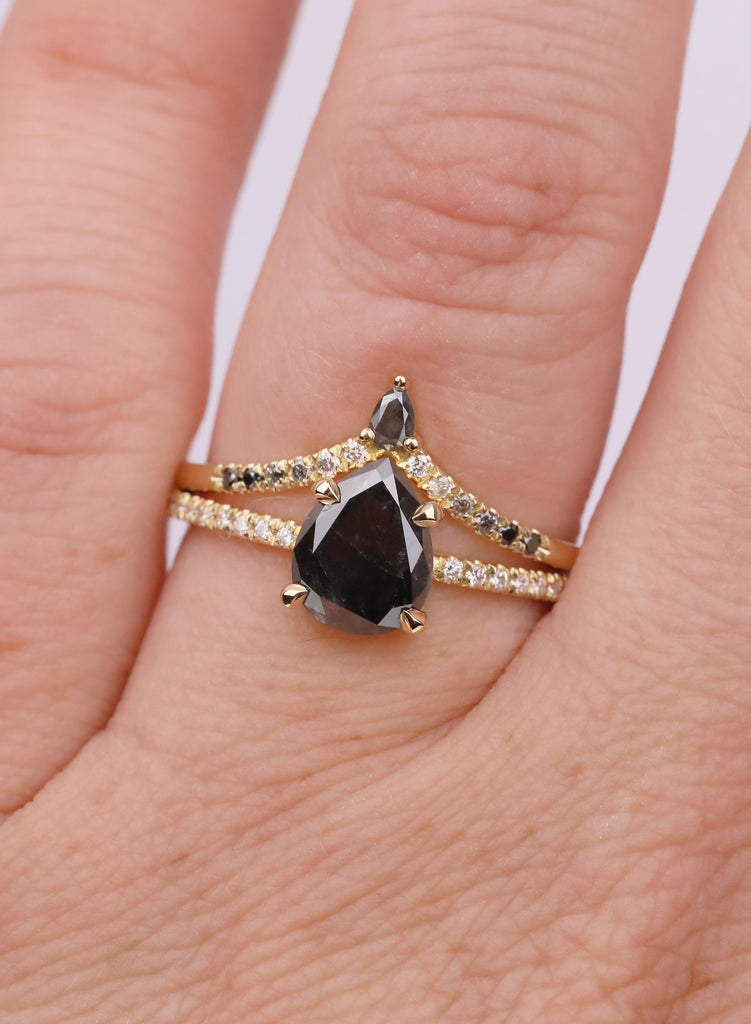 2Pcs Pear Cut Salt and Pepper Diamond Ring Set, Moissanite Band, 14k/18K Gold Bridal Set, Curved Ombre Diamond Ring, Bridal Jewelry set Gift image #9
