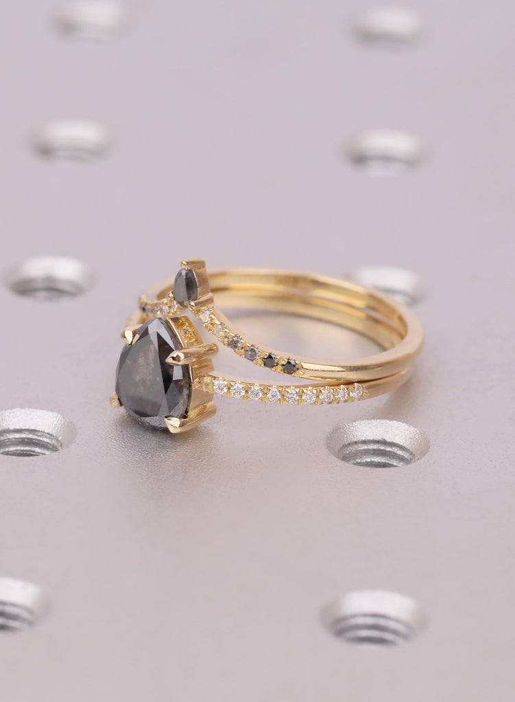 Raw Salt and Pepper Kite Diamond Ring Set, 18k Yellow Gold, Moissanite Accents, Crown Style Matching Band image #9