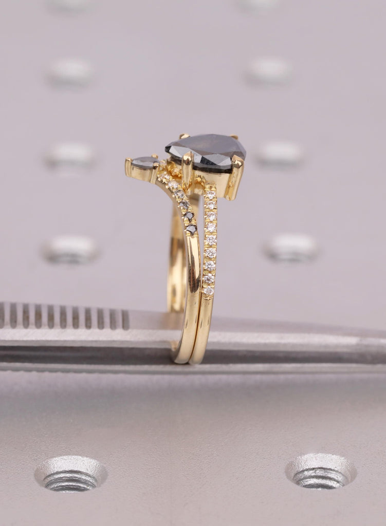 Raw Salt and Pepper Kite Diamond Ring Set, 18k Yellow Gold, Moissanite Accents, Crown Style Matching Band image #1