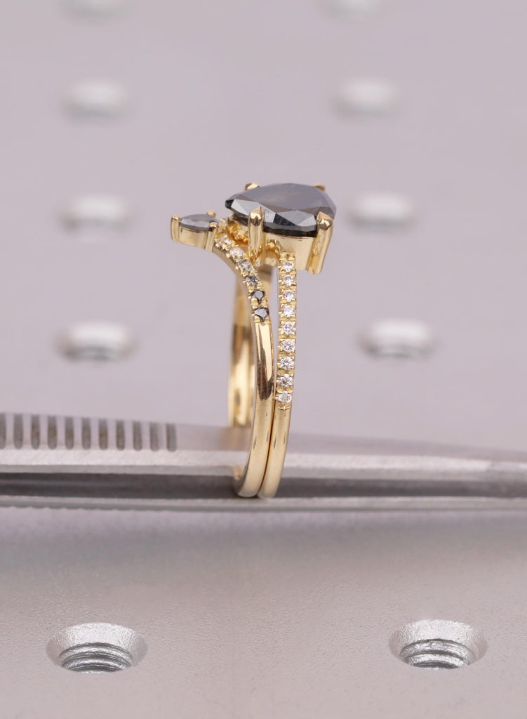 Unique Bridal Set with Pear Salt and Pepper Diamond, Lab Grown Diamond Band, Ethical 18K Yellow Gold Engagement Ring, Ombre Diamond Set image #13