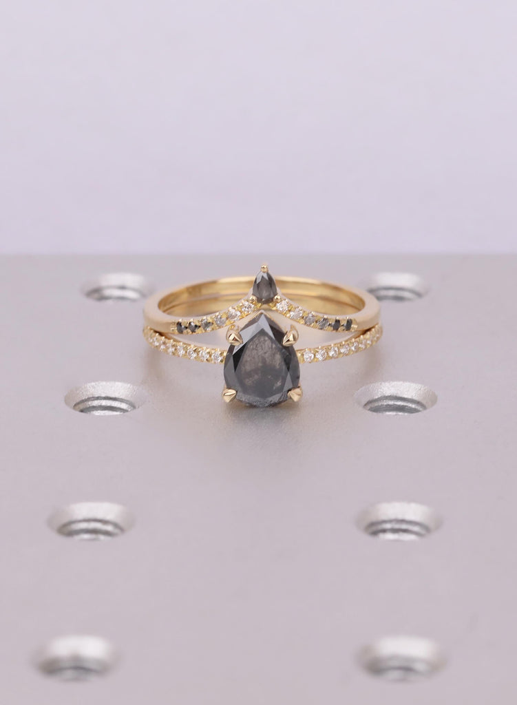 Unique Bridal Set with Pear Salt and Pepper Diamond, Lab Grown Diamond Band, Ethical 18K Yellow Gold Engagement Ring, Ombre Diamond Set image #3