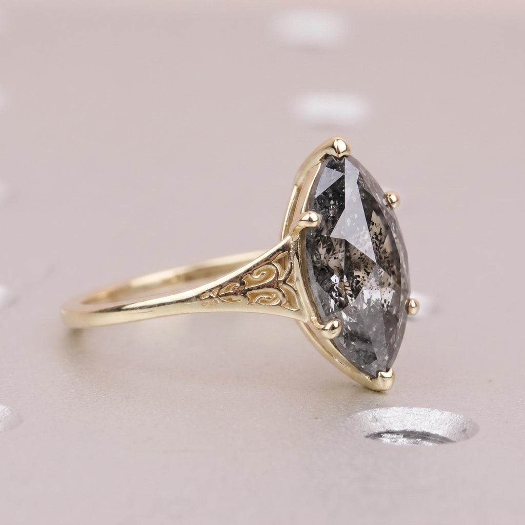 Salt and Pepper Black Diamond Engagement Ring for Women | Marquise cut Solitaire Ring | Vintage Gold Jewelry image #2