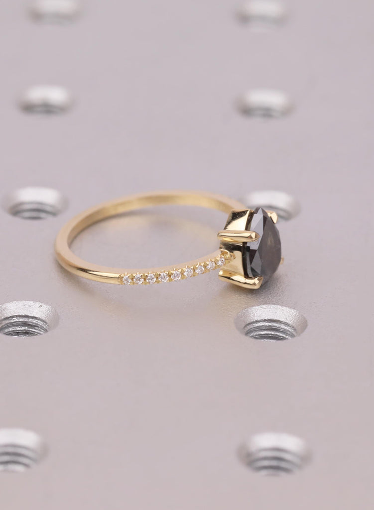 Raw Salt and Pepper Kite Diamond Ring Set, 18k Yellow Gold, Moissanite Accents, Crown Style Matching Band image #19