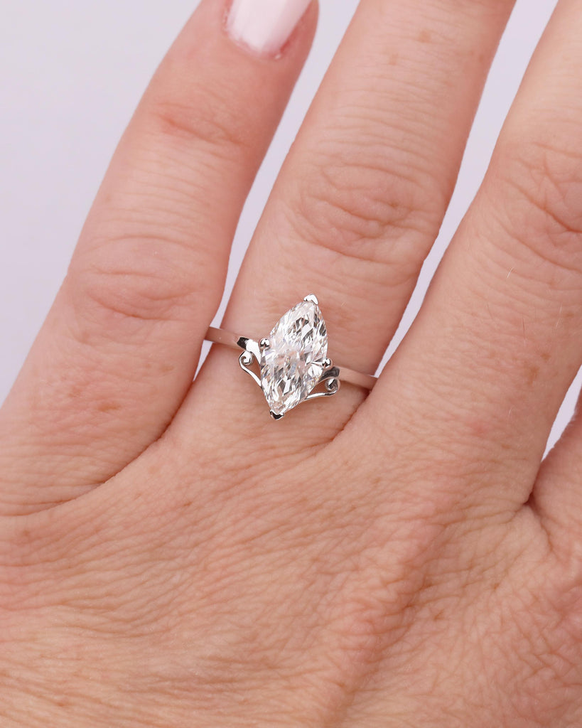 Unique Solitaire Moissanite Engagement Ring, Filigree 18k White Gold Marquise Cut Ring image #14