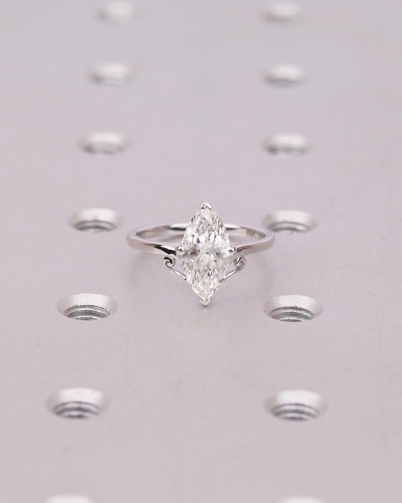IGI Certified Lab Diamond Marquise Ring, Vintage Scroll Design, Art Deco 18k White Gold Engagement Ring, Unique Personalized Bridal Jewelry image #8