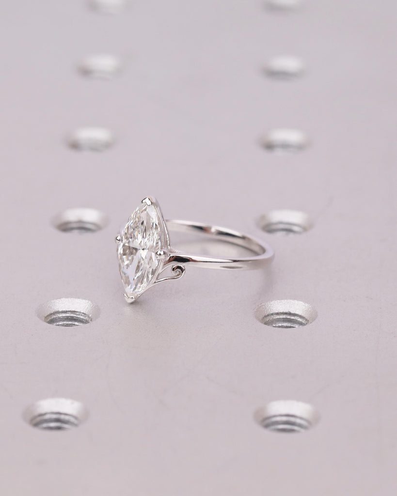 Unique Solitaire Moissanite Engagement Ring, Filigree 18k White Gold Marquise Cut Ring image #1