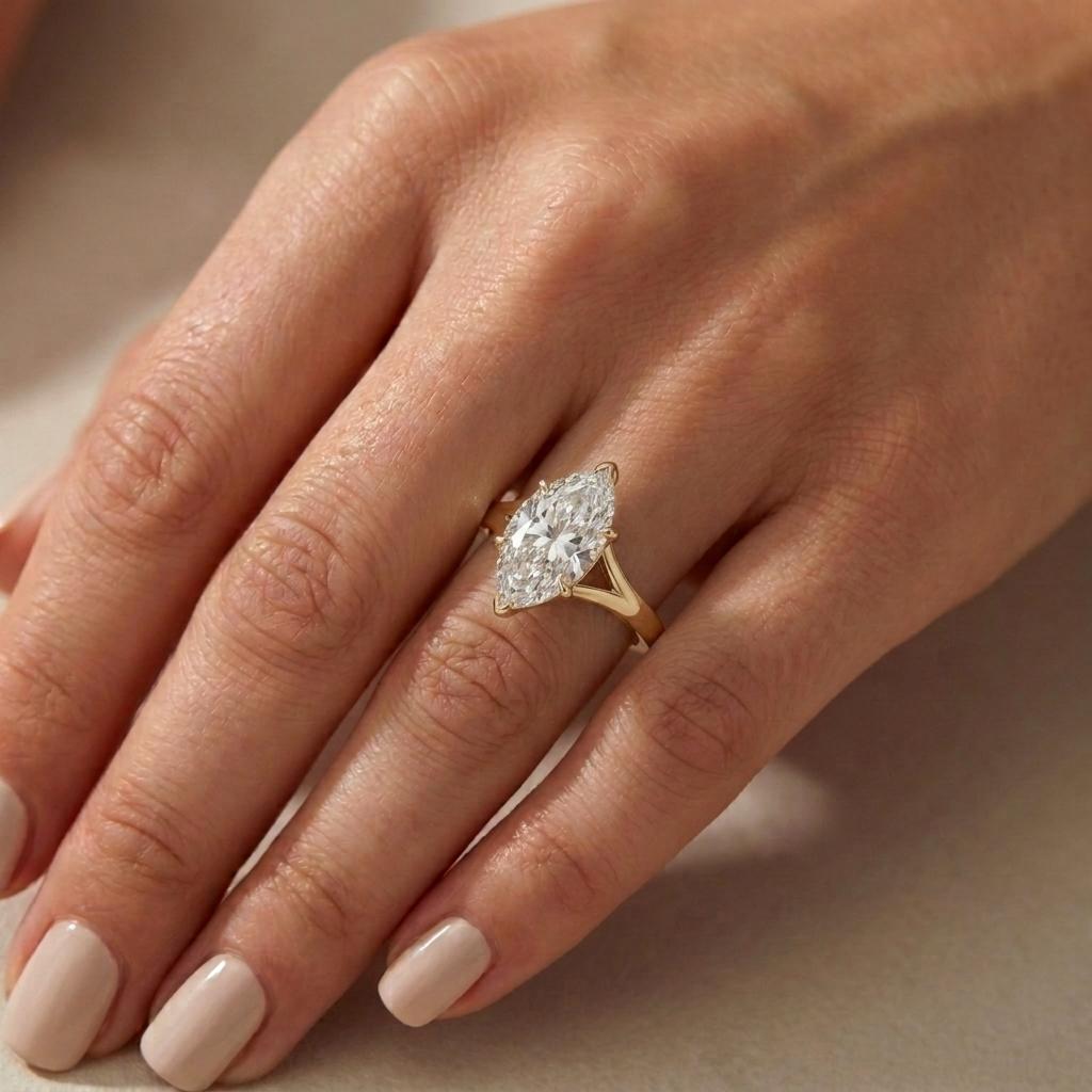 Split Shank Marquise Diamond Solitaire Ring, 14k Yellow Gold Engagement Ring image #3