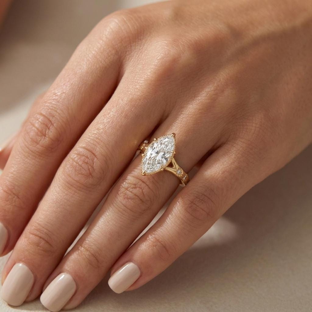 Vintage Inspired 2 Carat Lab Diamond Ring, 14k Gold Marquise Engagement Ring, Pave Accent image #1