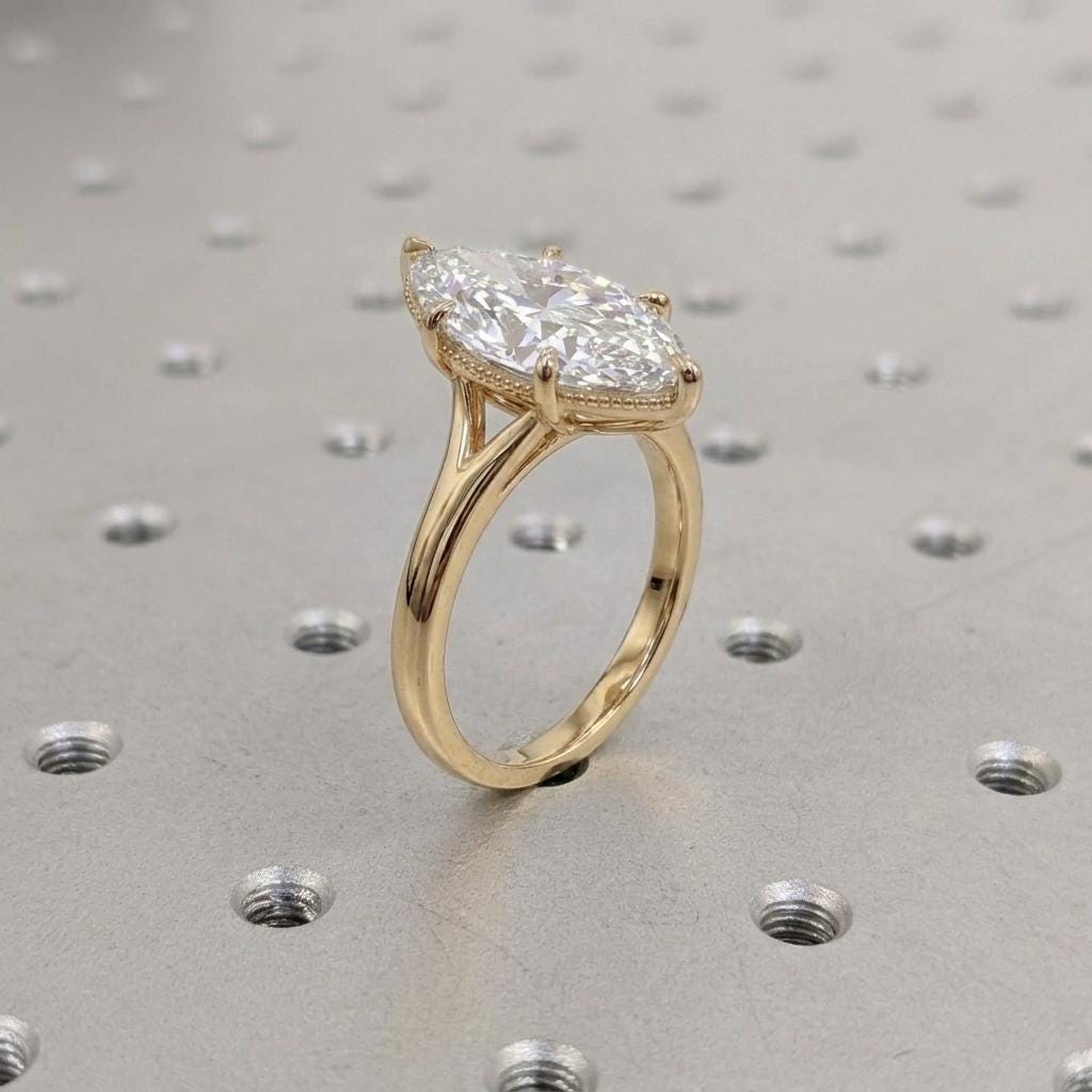 Vintage Style Marquise Cut Moissanite Ring, Solitaire Engagement Ring, Milgrain 14k Gold Statement Jewelry, Split Shank Anniversary Rings image #1