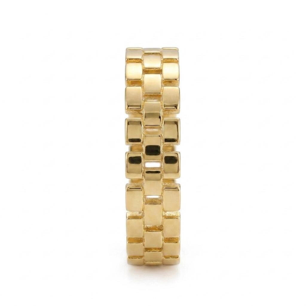 Gold Watch Link Ring, Thick Brick Pattern Band, Chunky Gold Wedding Band, Unisex Statement Ring Modern Geometric Stackable Ring Gift for Her image #6
