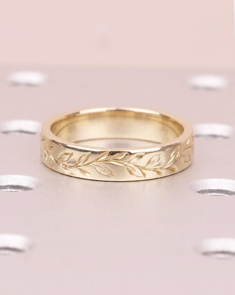 4mm Olive Leaf Wedding Band, Nature Inspired Leaf Engraved Wedding Ring, Platinum or 14K 18K Solid Gold Stacking Ring image #1