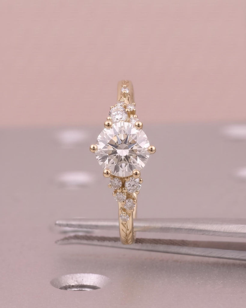 1ct Round Lab Grown Diamond Ring, 18k/14k Yellow Gold Engagement Ring, Hand Engraved Olive Leaf Wedding Ring for Her, Unique Bridal Jewelry image #1
