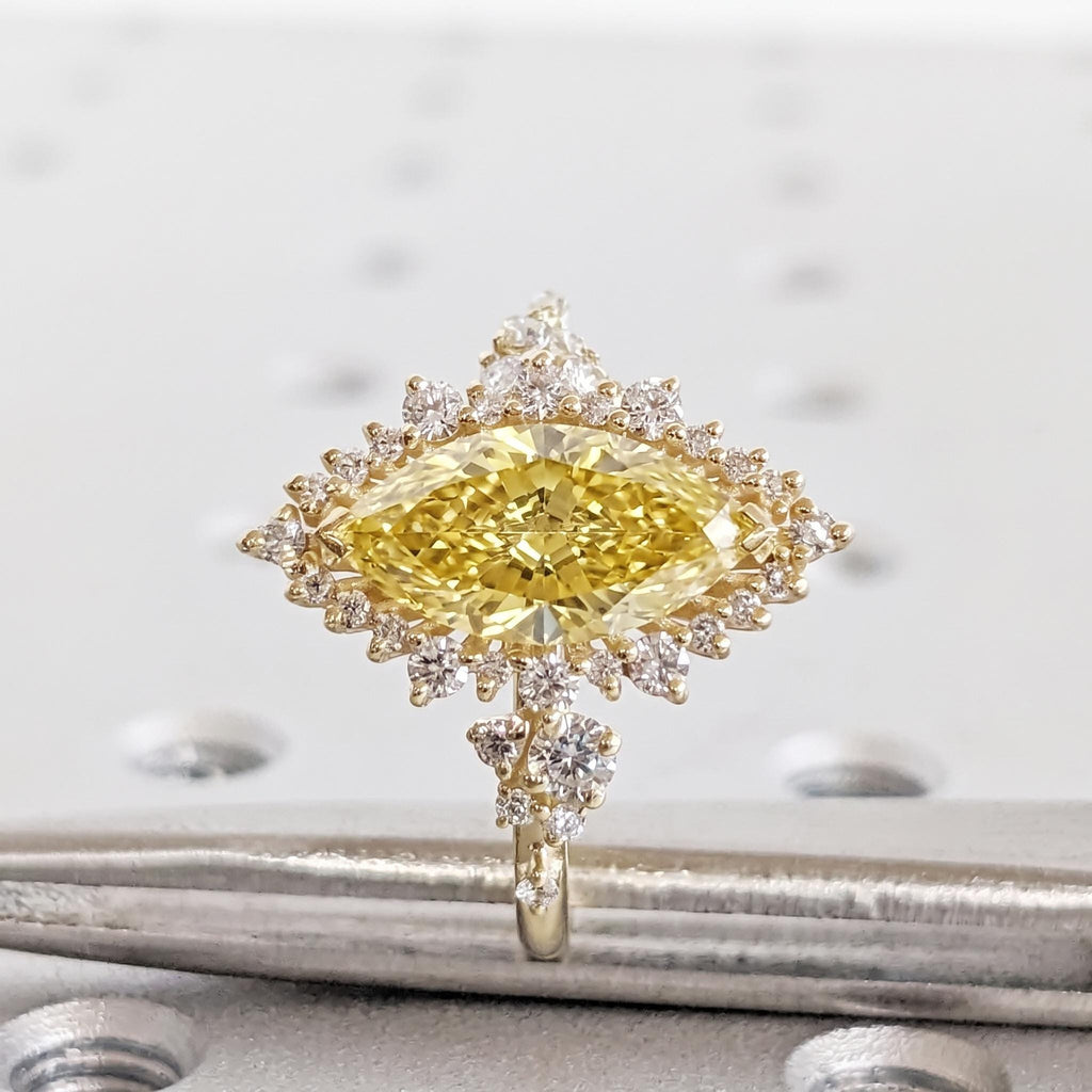 Yellow Moissanite Marquise Engagement Ring | 14k Yellow Gold Sparkly Star Burst Halo Ring | Diamond Cluster Halo Statement Ring Gift For Her image #2