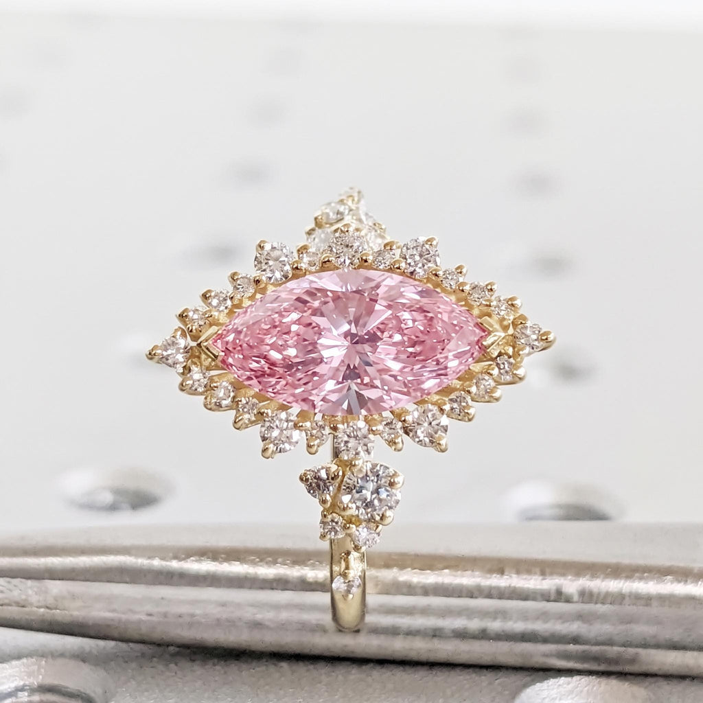 Sunburst Pink Diamond Halo Engagement Ring | 14k Yellow Gold Lab Diamond Cluster Ring | Unique Anniversary Gift for Her image #1