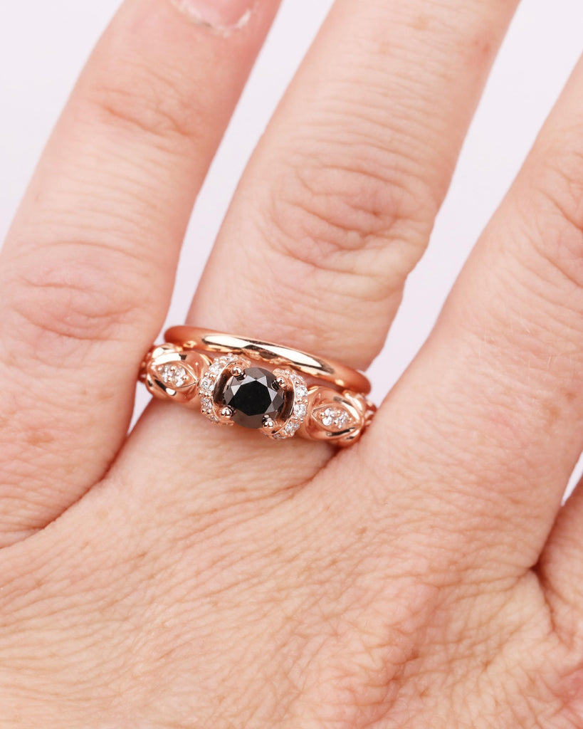Unique Engagement Ring Set: 14K Rose Gold, Art Deco Round Black Diamond Ring, 1.8mm Wedding Band, Floral Promise Ring for Women image #3
