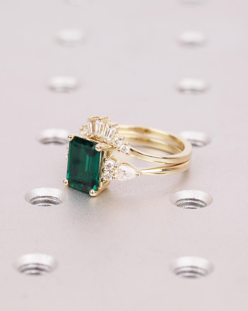 14K Gold Vintage Green Emerald Engagement Ring Set, Art Deco Baguette Moissanite Curved Tiara Wedding Band, May Birthstone, Promise Ring Set image #1