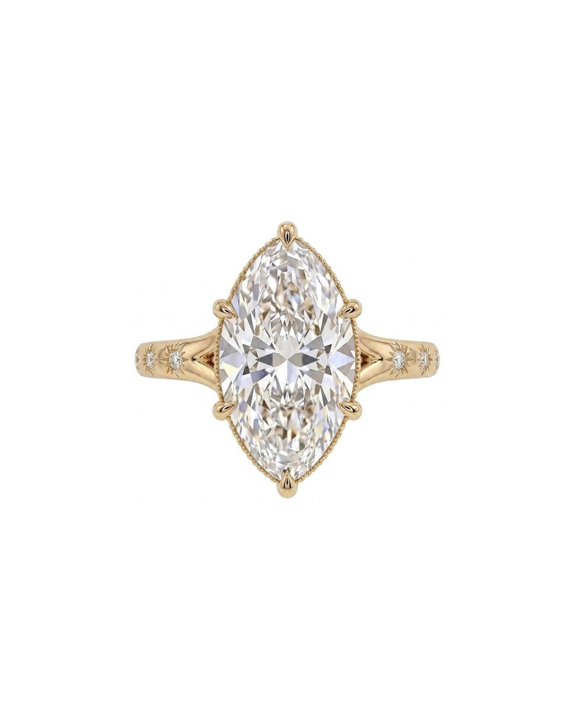 Marquise Cut Moissanite Engagement Ring, Split Shank 14k Gold Promise Ring for Her, Star Set Diamond Accents, Vintage Inspired Bridal Rings image #1