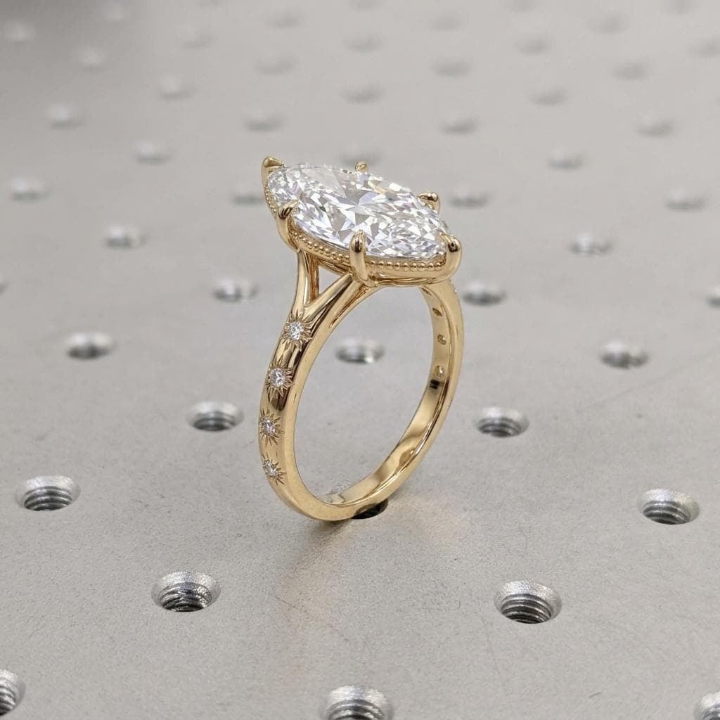 Marquise Lab Grown Diamond Engagement Ring, Milgrain 14k Gold Split Shank Ring image #4