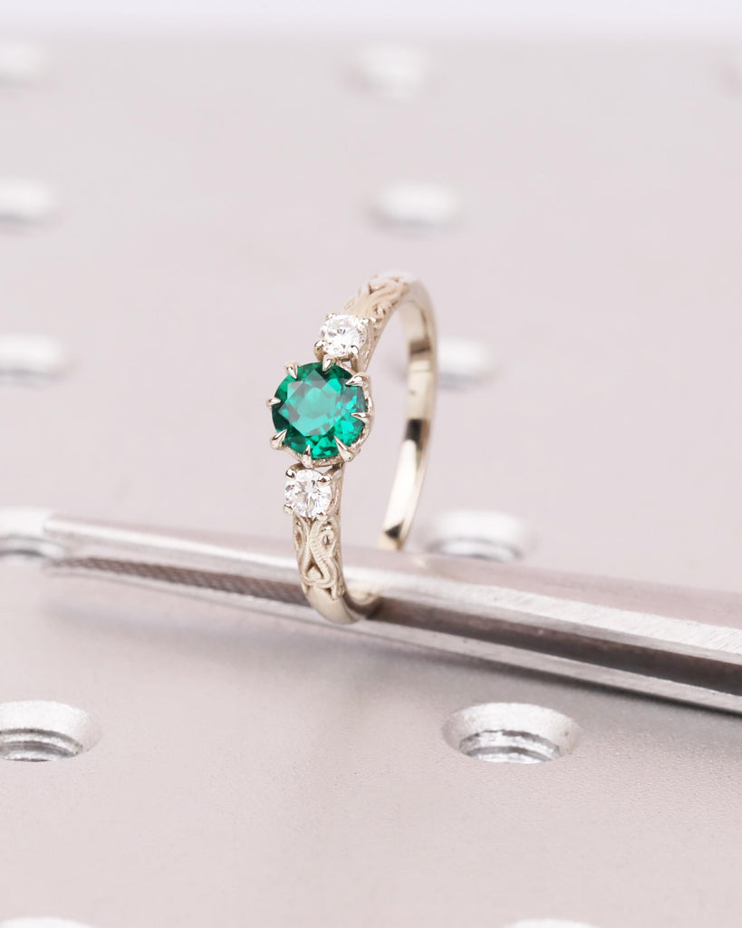 Round Cut Emerald Three Stone Ring, 14K White Gold Engagement Ring, Fantasy Inspired Engraved Floral Band, Alternative Bridal Jewelry image #1