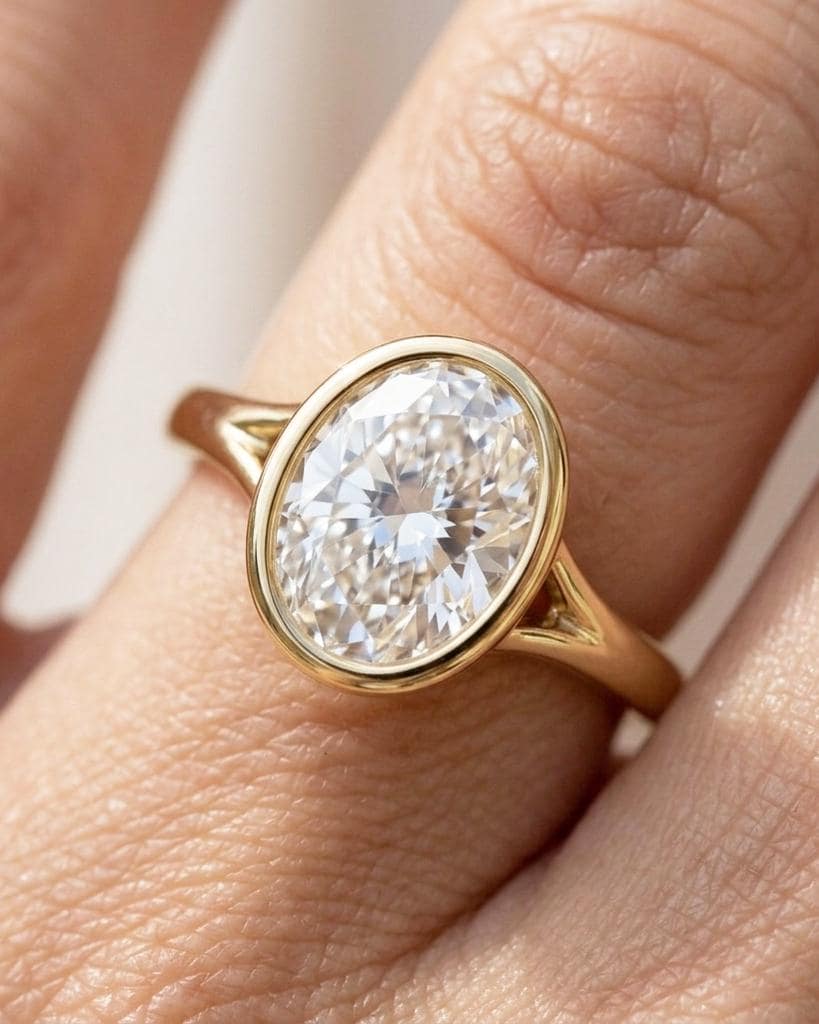 Bezel Set Oval Diamond Engagement Ring, 14k Gold Split Shank Cathedral Ring, IGI Certified Lab Grown Diamond Wedding Ring for Her image #4
