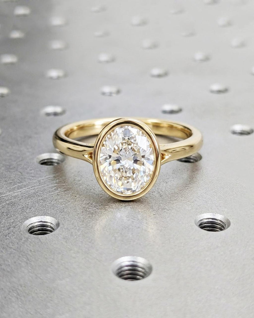 Bezel Set Oval Diamond Engagement Ring, 14k Gold Split Shank Cathedral Ring, IGI Certified Lab Grown Diamond Wedding Ring for Her image #3