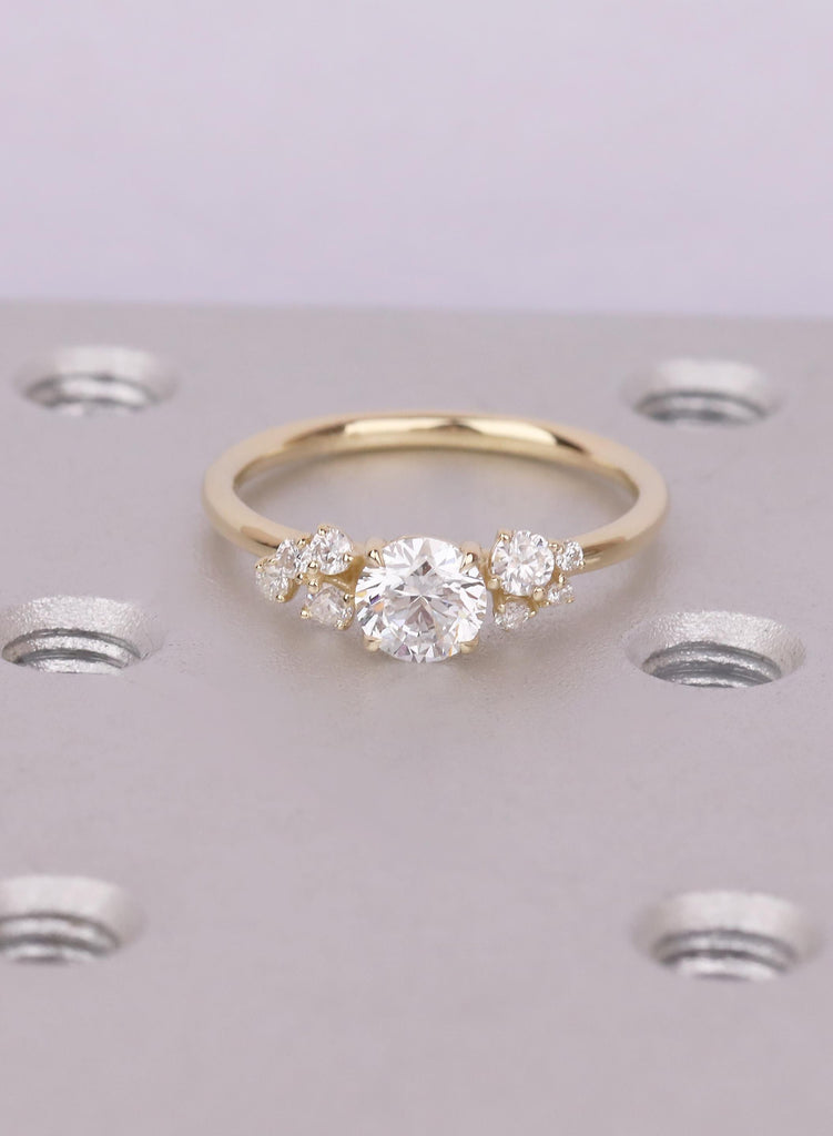 Round Cut Lab Diamond Engagement Ring, Dainty Cluster Ring, Yellow Gold Diamond Wedding Ring, Gold Bridal Ring, Unique Promise Ring For Her image #1