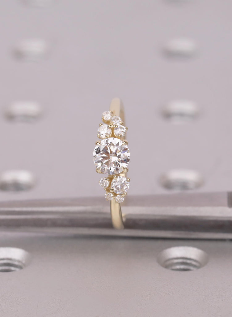 14K Yellow Gold Moissanite Diamond Cluster Ring, Dainty Multi Stone Engagement Ring, Art Deco Statement Jewelry image #10