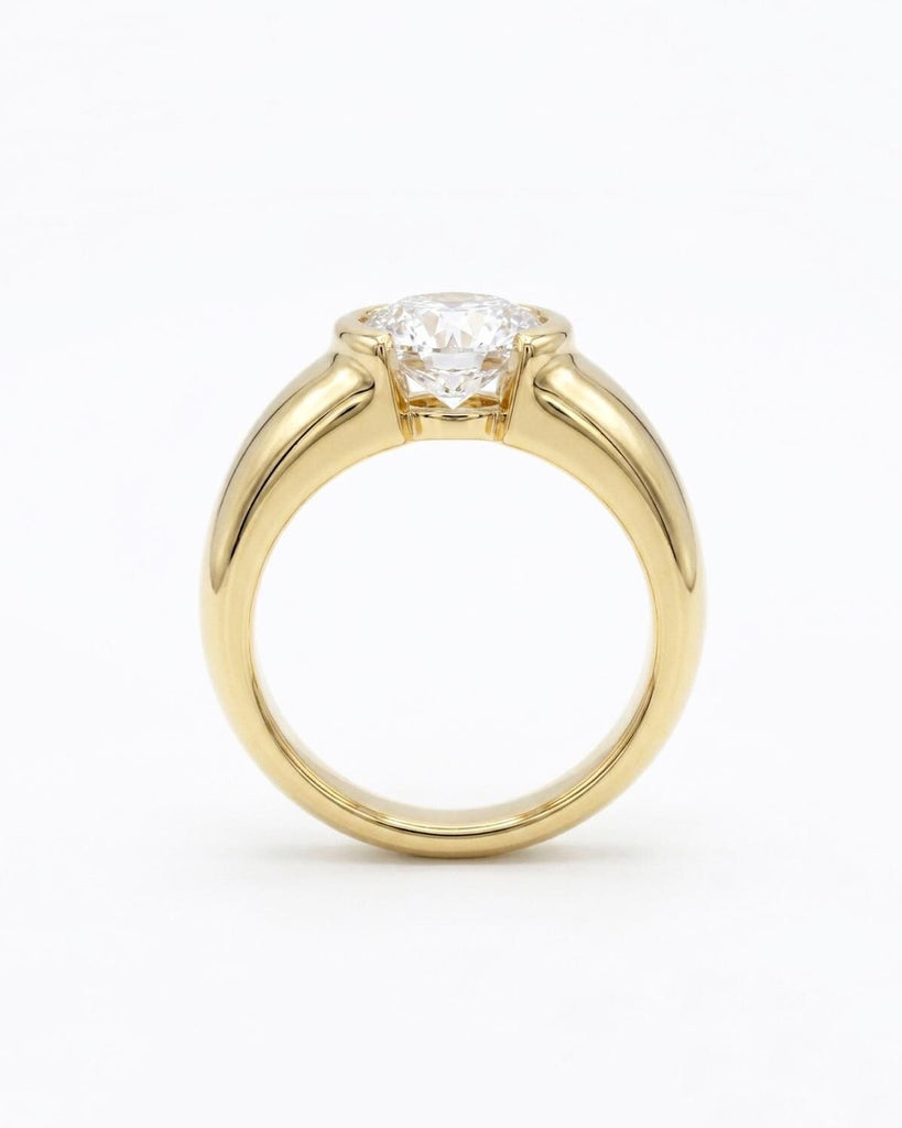 Round Moissanite Cigar Band Engagement Ring, 14k Solid Gold Wide Band Promise Ring for Her, Thick Band Statement Ring, Modern Wedding Ring image #2