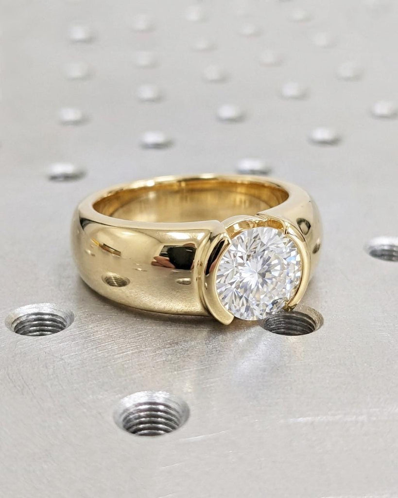 14K Solid Gold Cigar Band Lab Grown Diamond Engagement Ring, Chunky Wide Dome Ring, Thick Band Wedding Band, Modern Promise Ring for Her image #1