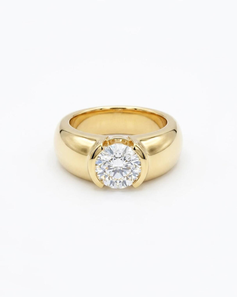 Round Moissanite Cigar Band Engagement Ring, 14k Solid Gold Wide Band Promise Ring for Her, Thick Band Statement Ring, Modern Wedding Ring image #1