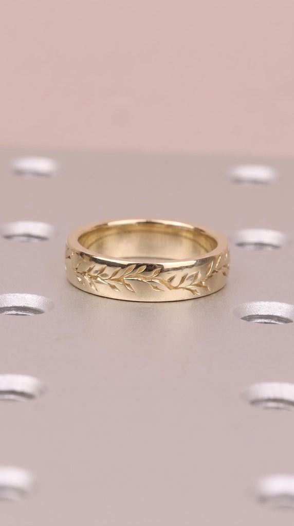 14K/18K Gold Olive Leaf Wedding Band | 6mm Nature Inspired Chunky Ring for Women | Minimalist Stacking Ring image #4