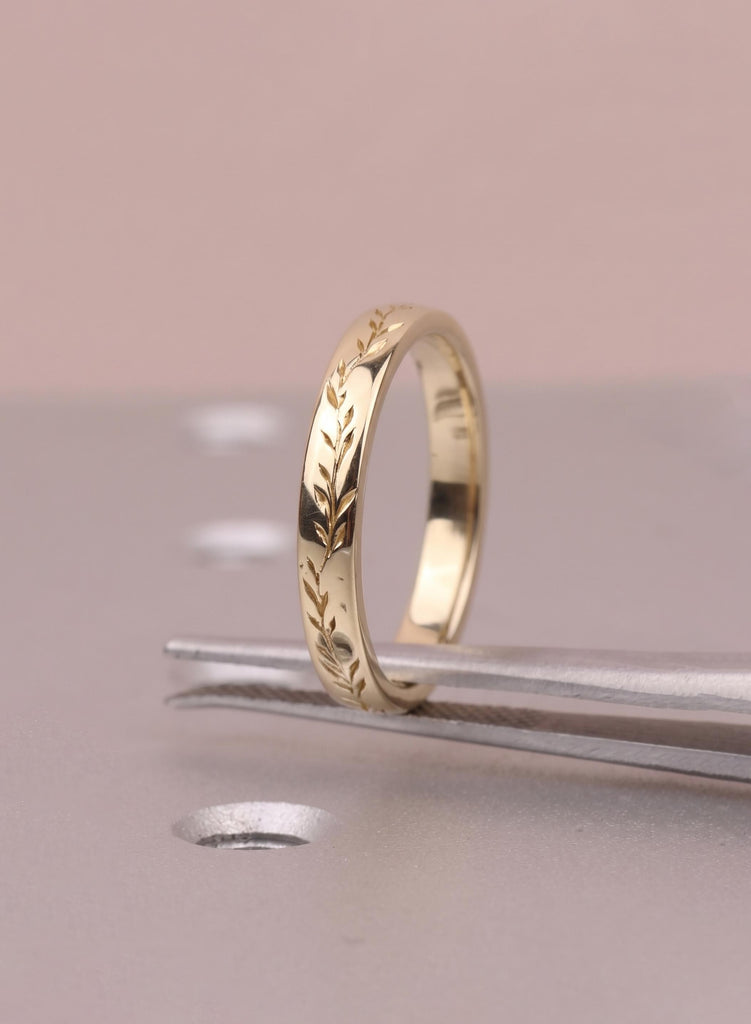 14K Solid Gold Olive Leaf Ring, Dainty Nature Inspired Ring, Wedding Band, Hand Engraved Thin Stacking Ring image #3