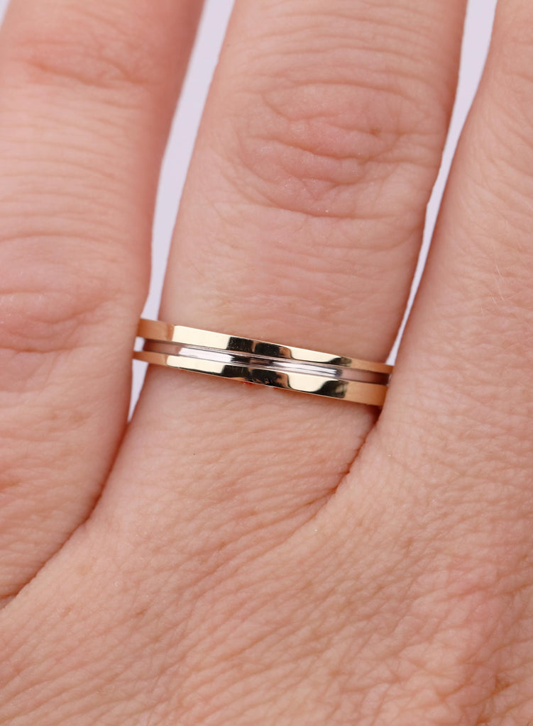 Minimalist 14K Gold Ring with Silver Inlay, Simple Two Tone Wedding Band, Unisex Ring, Stacking Band for Men Women image #1
