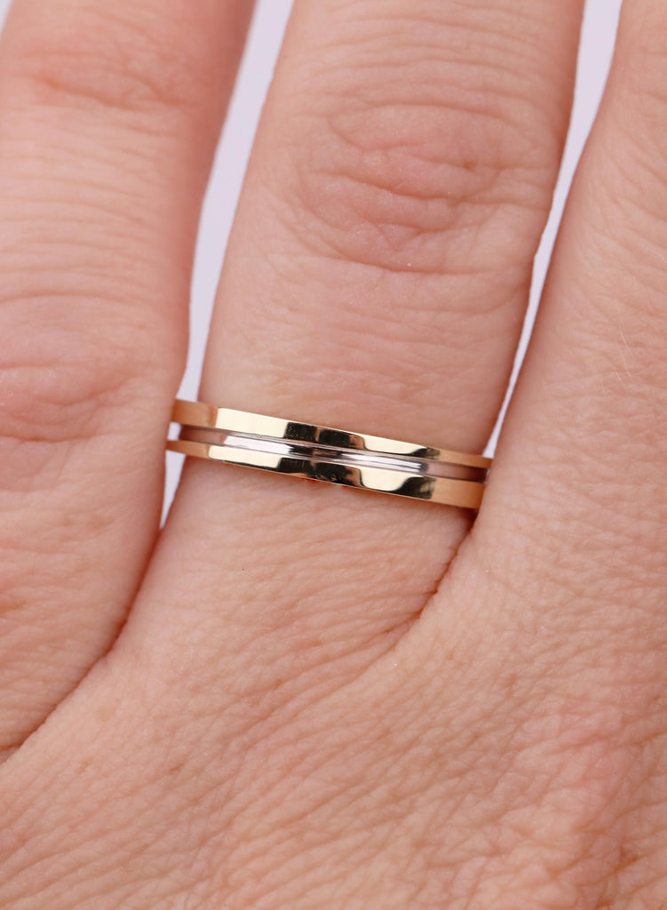 14K Yellow Gold Wedding Band with Silver Inlay, Two Tone Gold Ring, Mixed Metal Wedding Ring, Minimalist Unisex Band, Simple Thin Gold Ring image #2