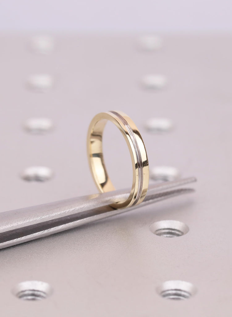 14K Yellow Gold Wedding Band with Silver Inlay, Two Tone Gold Ring, Mixed Metal Wedding Ring, Minimalist Unisex Band, Simple Thin Gold Ring image #4