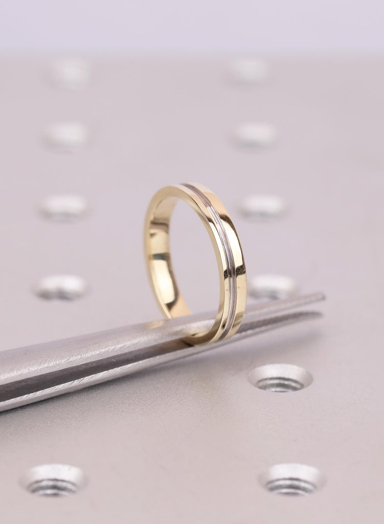 Minimalist 14K Gold Ring with Silver Inlay, Simple Two Tone Wedding Band, Unisex Ring, Stacking Band for Men Women image #4