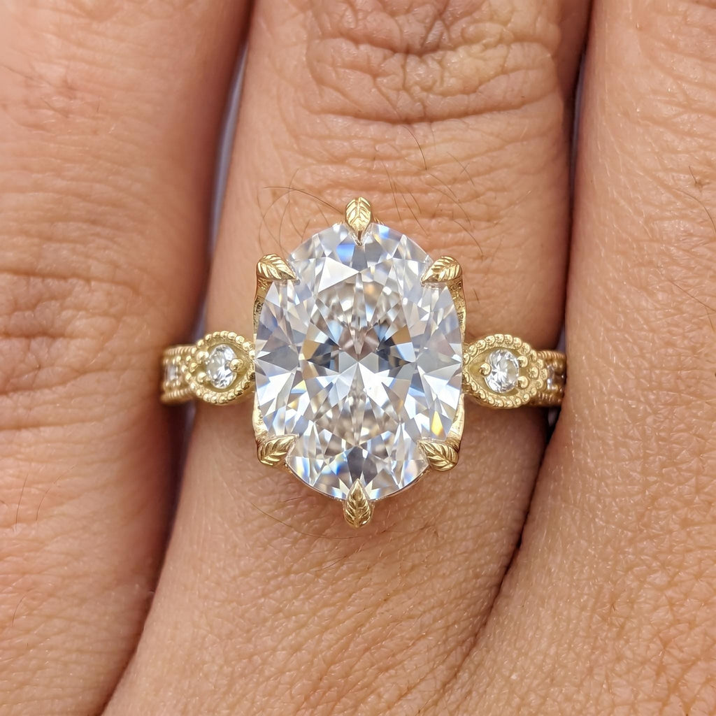 Vintage Promise Ring Oval Lab Made Diamond | Tulip Prong Solid Gold Rings for Women | Handmade Filigree Bridal Jewelry image #2