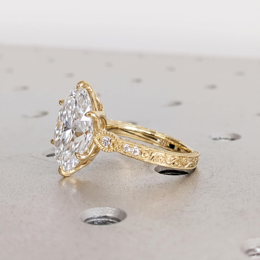 Vintage Tulip Setting Moissanite Engagement Rings for Women | 14K Yellow Gold Filigree Proposal Ring | High End Bridal Jewelry image #3