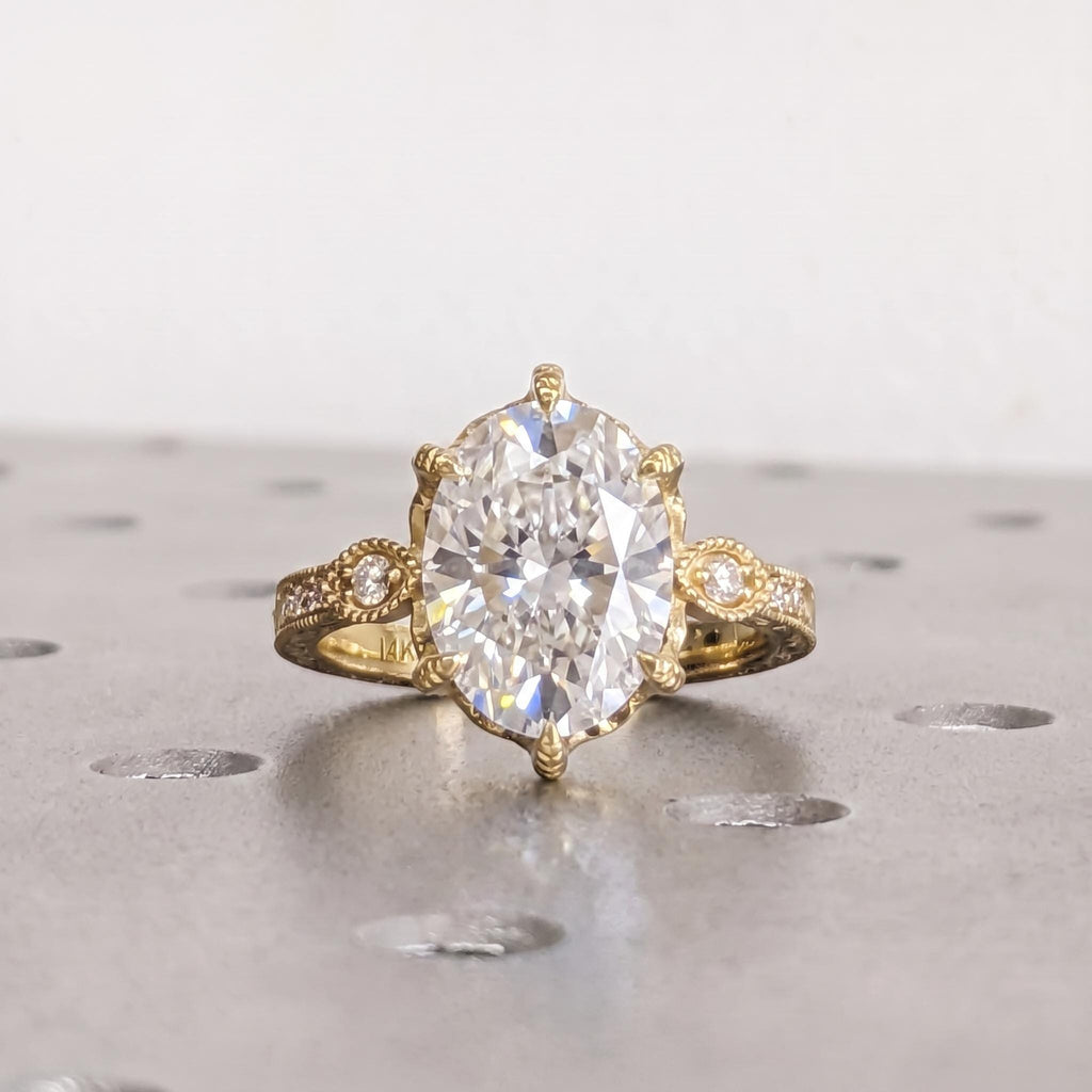 Vintage Tulip Setting Moissanite Engagement Rings for Women | 14K Yellow Gold Filigree Proposal Ring | High End Bridal Jewelry image #1